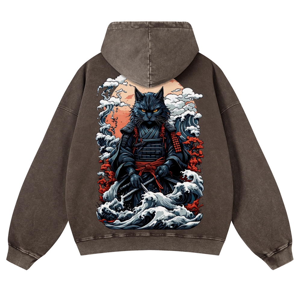 Cat Warrior Wave Ukiyoe Vintage Washed Hoodie-moweekender