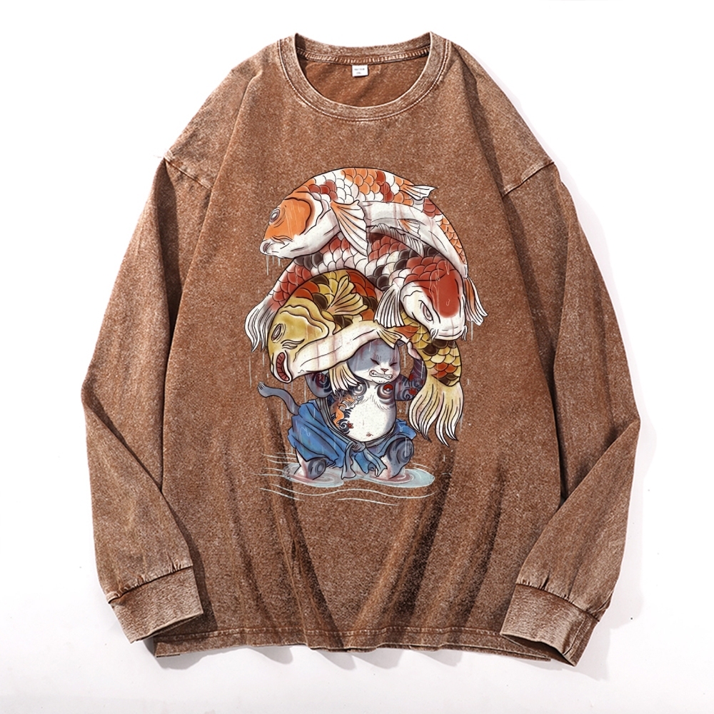 Fish Pressure Cat Deep Washed Vintage Long Sleeves T-Shirt-moweekender