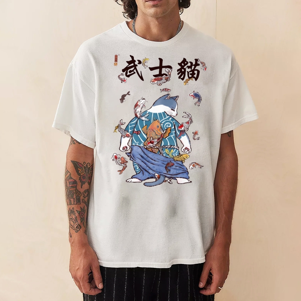 Fish Rain Tattooed Cat Unisex Prints T-Shirt-moweekender