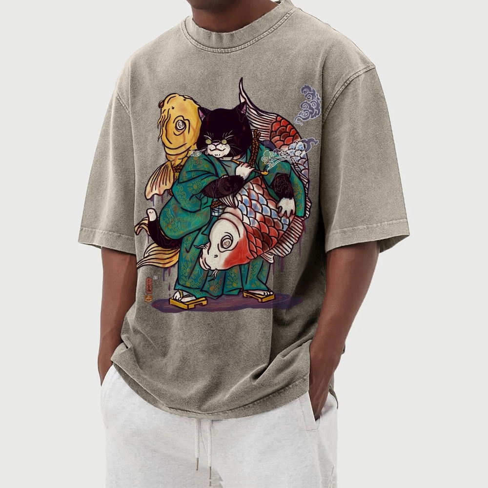 Big Fish Cat Ukiyoe Washed Vintage Short Sleeves T-Shirt-moweekender