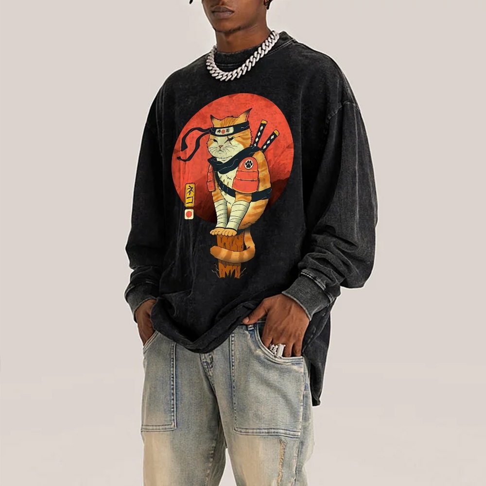 Ninja Sushi Cat Casual Deep Washed Vintage Long Sleeves T-Shirt-moweekender