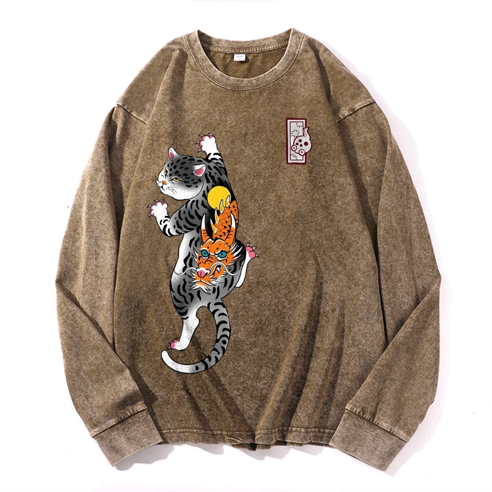 Loong Leopard Cat Pattern Deep Washed Vintage Long Sleeves T-Shirt-moweekender