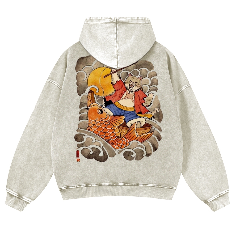 Carp Cat Ukiyoe Casual Vintage Washed Hoodie-moweekender