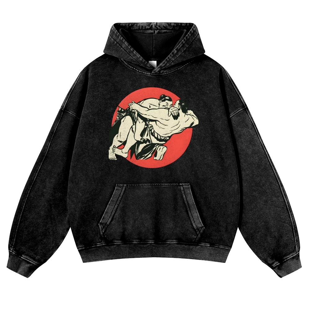Japanese Sumo Wrestlers Pattern Vintage Washed Hoodie-moweekender