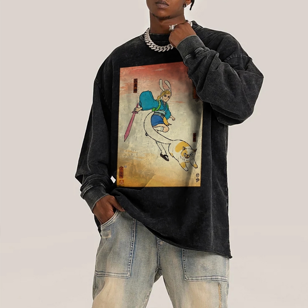 Hero Story Printed Deep Washed Vintage Long Sleeves T-Shirt-moweekender