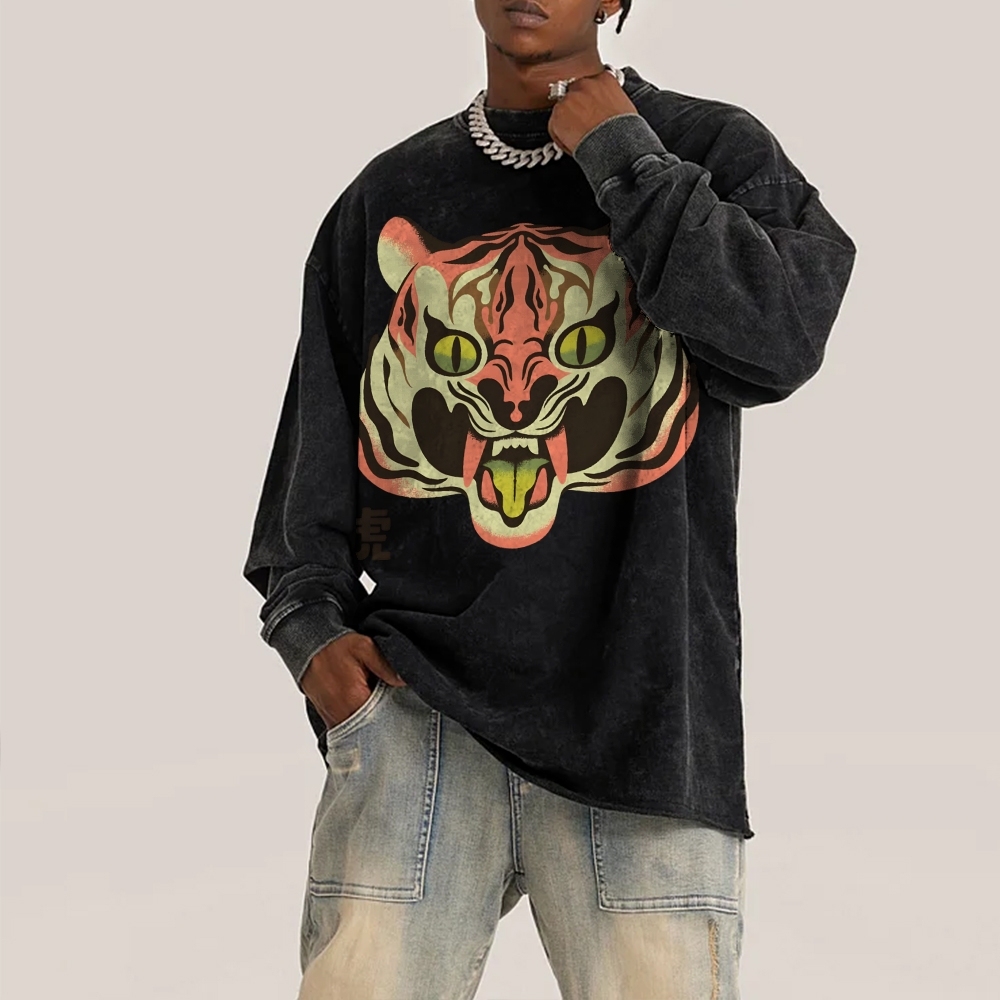 Tiger Roar Deep Washed Vintage Long Sleeves T-Shirt-moweekender