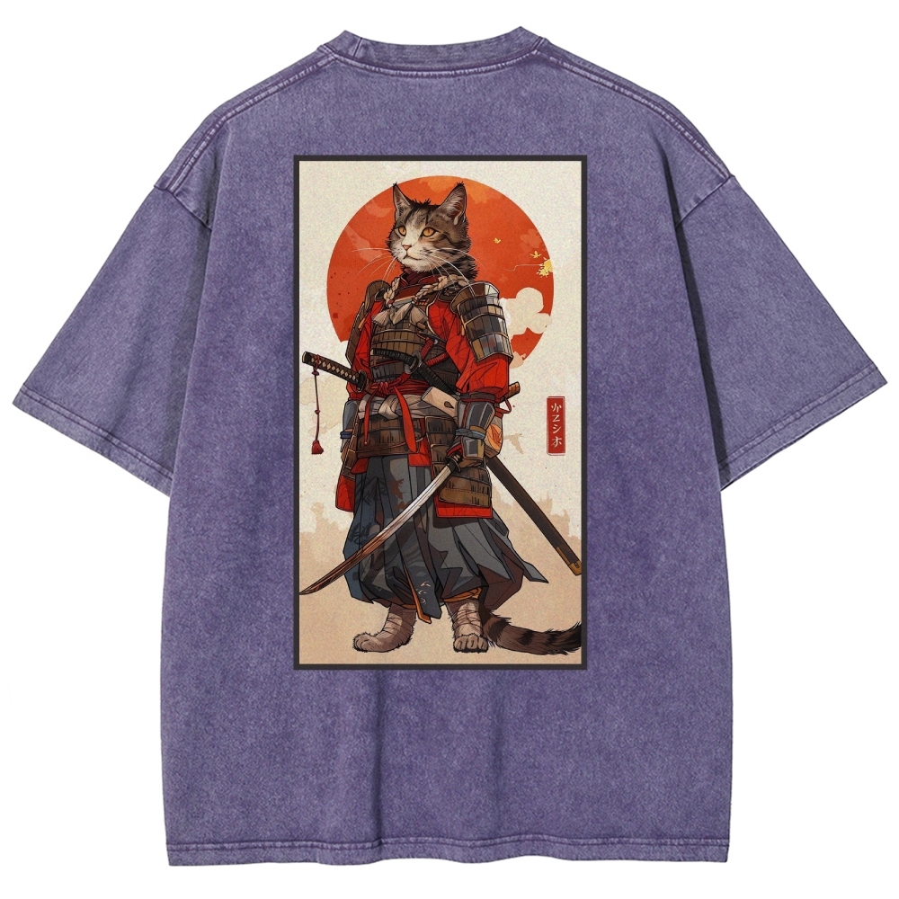 Casual Warrior Cat Washed Vintage Short Sleeves T-Shirt-moweekender