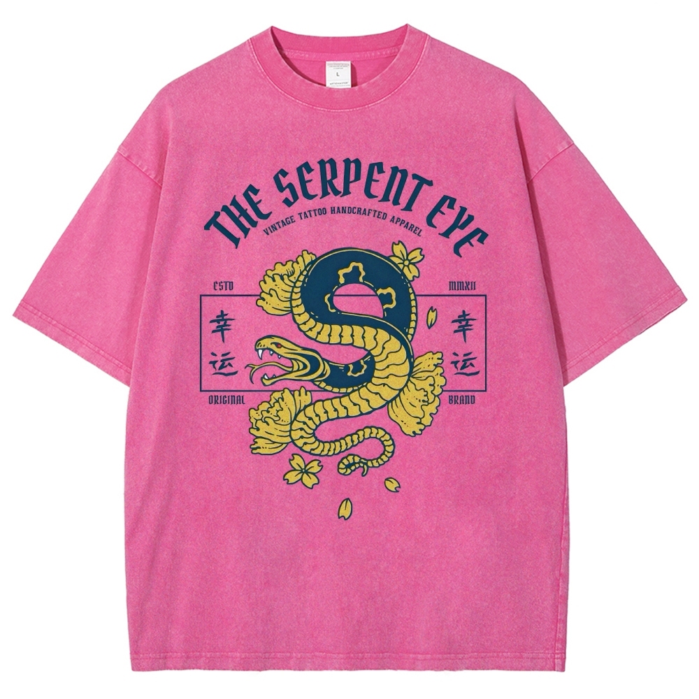 Japan Lucky Snake Sign Washed Vintage Short Sleeves T-Shirt-moweekender