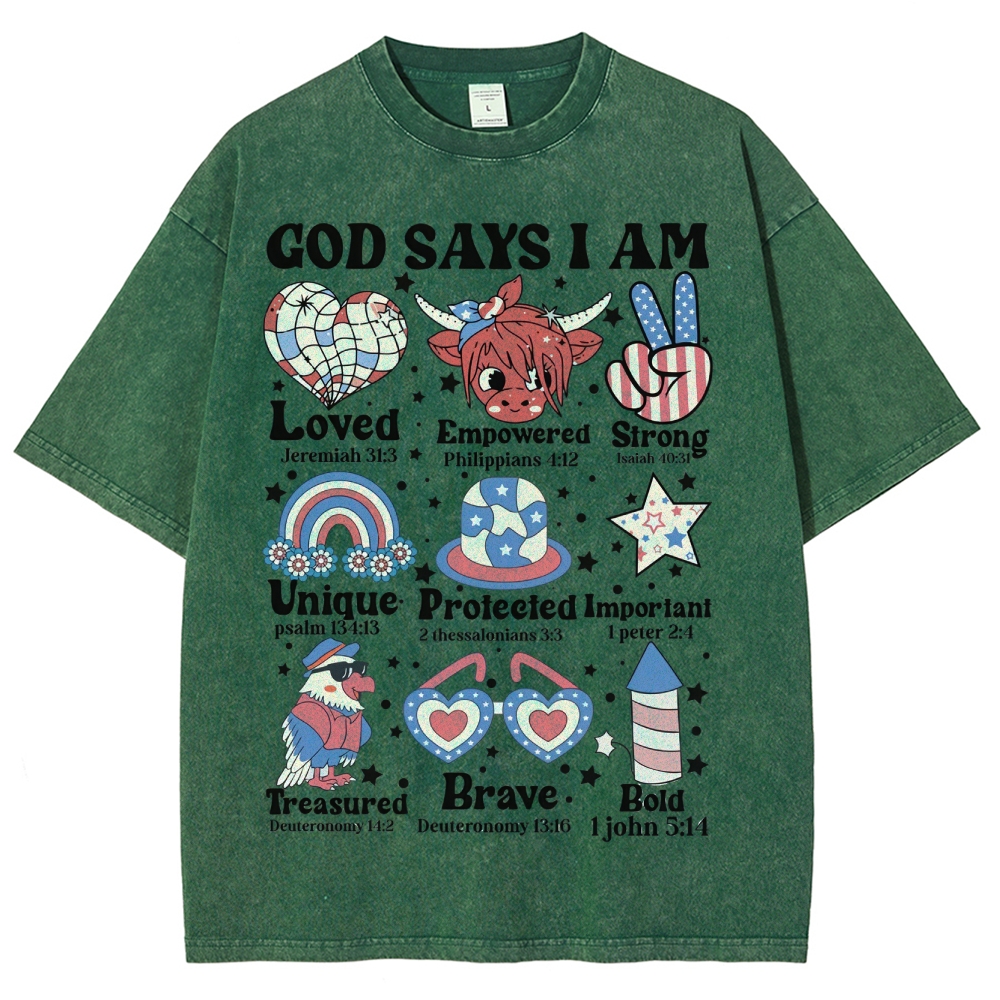 God Says I Am Vintage Snowflake Washed T-Shirt-moweekender