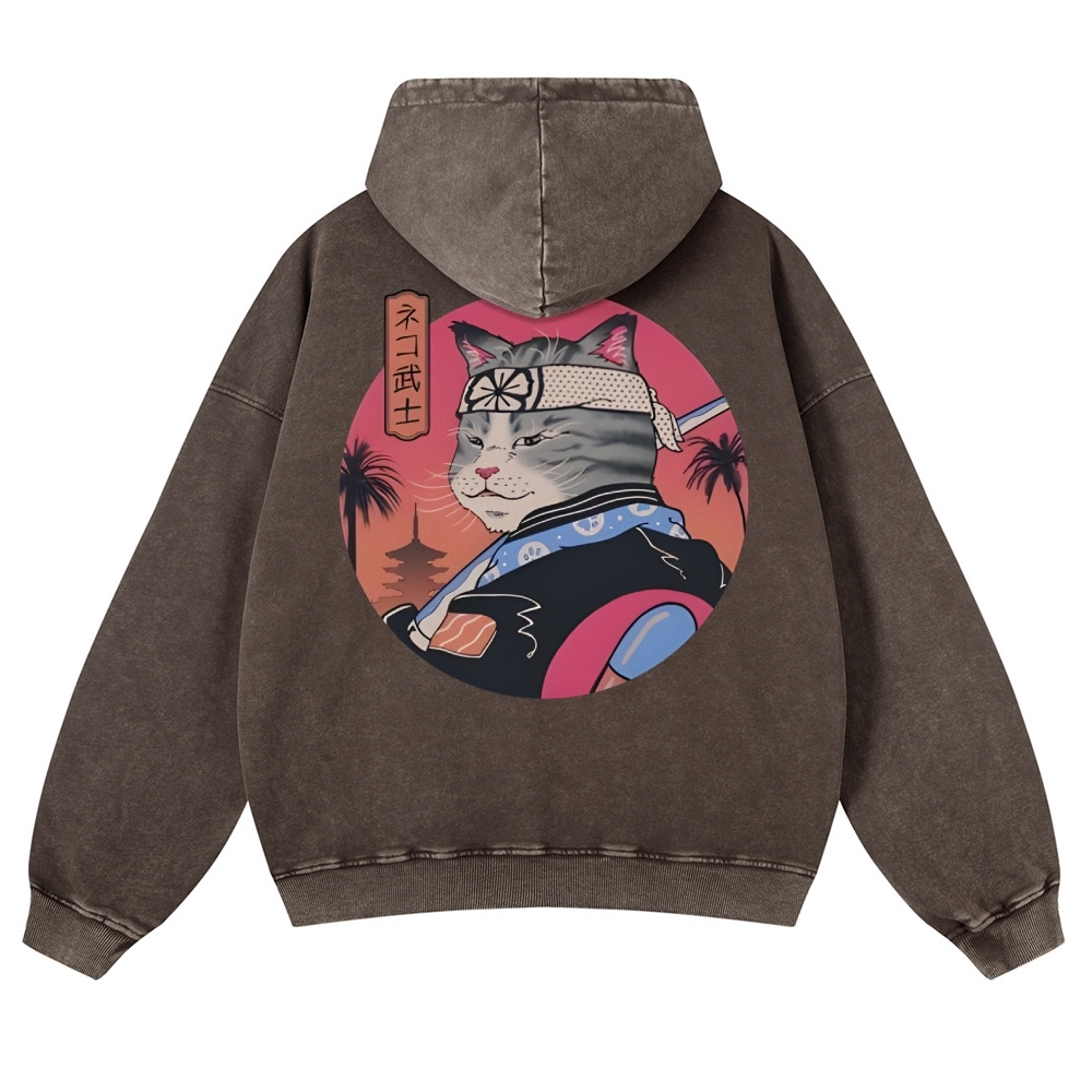 Japanese Cat Warrior Casual Vintage Washed Hoodie-moweekender