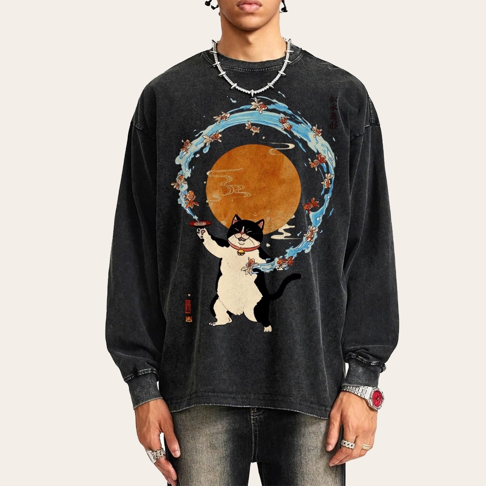 Goldfish Drunk Cat Deep Washed Vintage Long Sleeves T-Shirt-moweekender