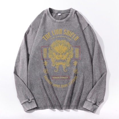 Lucky Lion Pattern Deep Washed Vintage Long Sleeves T-Shirt-moweekender