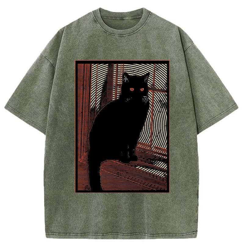 Mysterious Black Cat Washed Vintage T-Shirt-moweekender