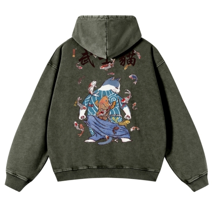Fish Rain Tattooed Cat Vintage Washed Hoodie-moweekender