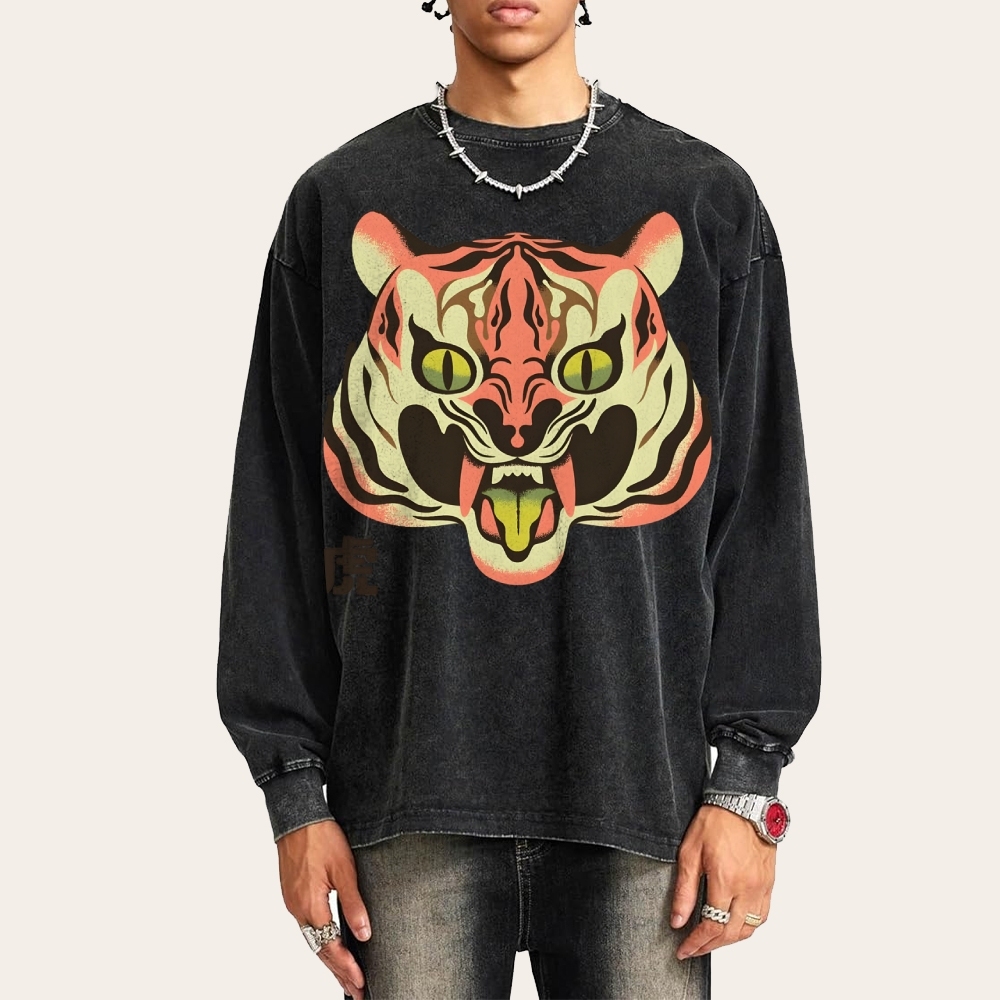 Tiger Roar Deep Washed Vintage Long Sleeves T-Shirt-moweekender