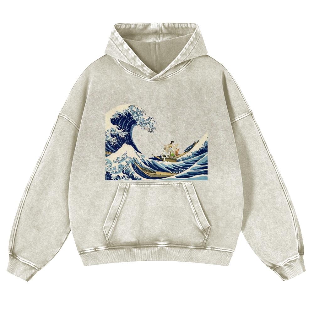 Wave Ukiyoe Pattern Vintage Washed Hoodie-moweekender