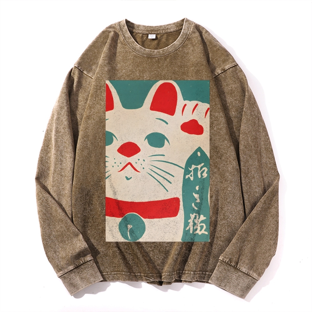 Japanese Maneki-neko Deep Washed Vintage Long Sleeves T-Shirt-moweekender