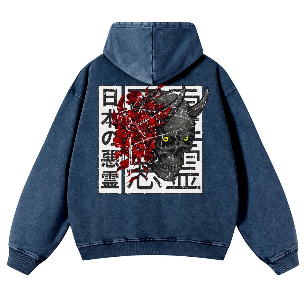Japanese Ancient Devil Casual Vintage Washed Hoodie-moweekender