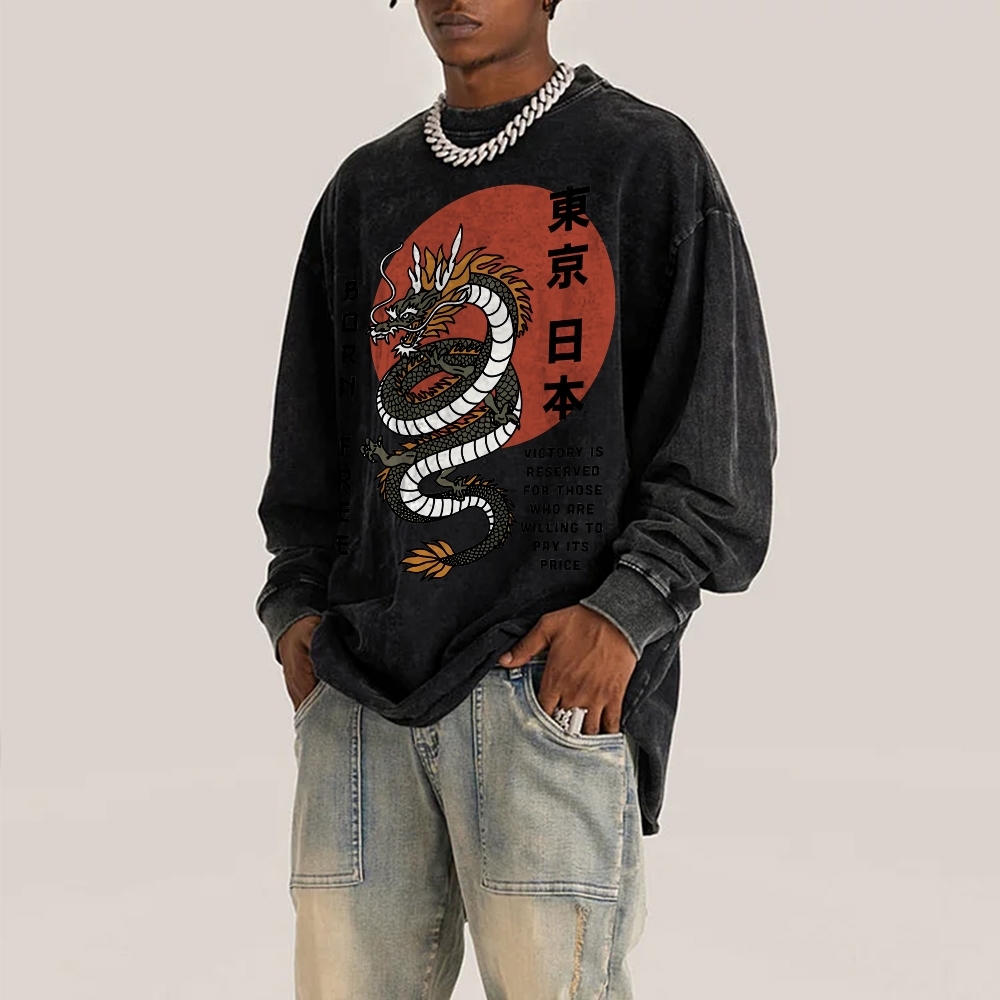 Tokyo Dragon Pattern Deep Washed Vintage Long Sleeves T-Shirt-moweekender
