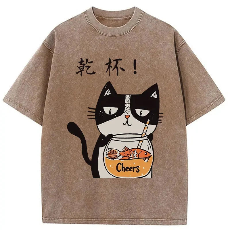 Cat Cheers Washed Vintage T-Shirt-moweekender