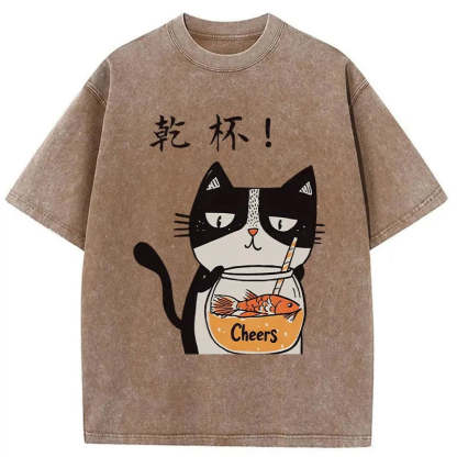 Cat Cheers Washed Vintage T-Shirt-moweekender