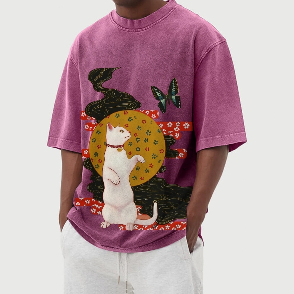 Butterfly Cat Pattern Casual Washed Vintage Short Sleeves T-Shirt-moweekender