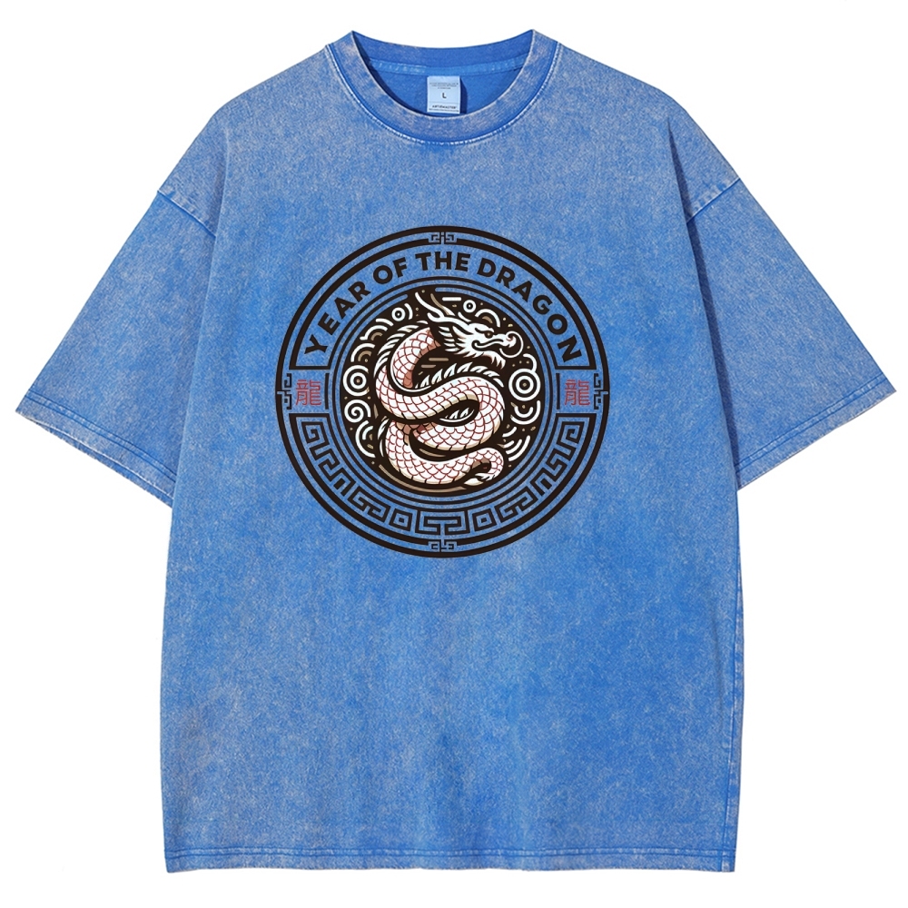 Traditional Dragon Pattern Washed Vintage Short Sleeves T-Shirt-moweekender
