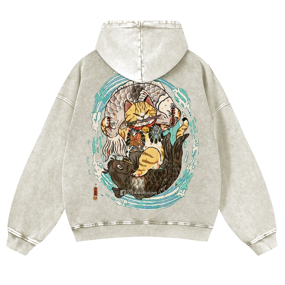 Japan Samurai Cat Vintage Washed Hoodie-moweekender