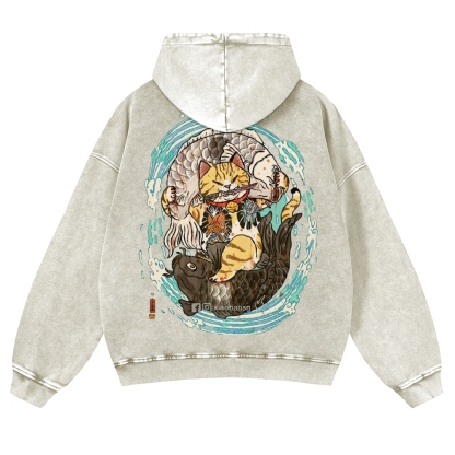 Japan Samurai Cat Vintage Washed Hoodie-moweekender