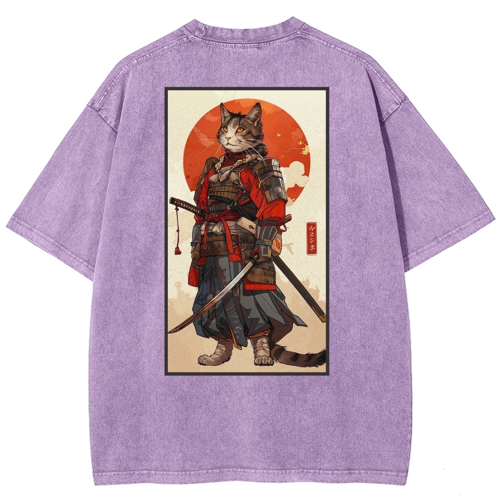 Casual Warrior Cat Washed Vintage Short Sleeves T-Shirt-moweekender