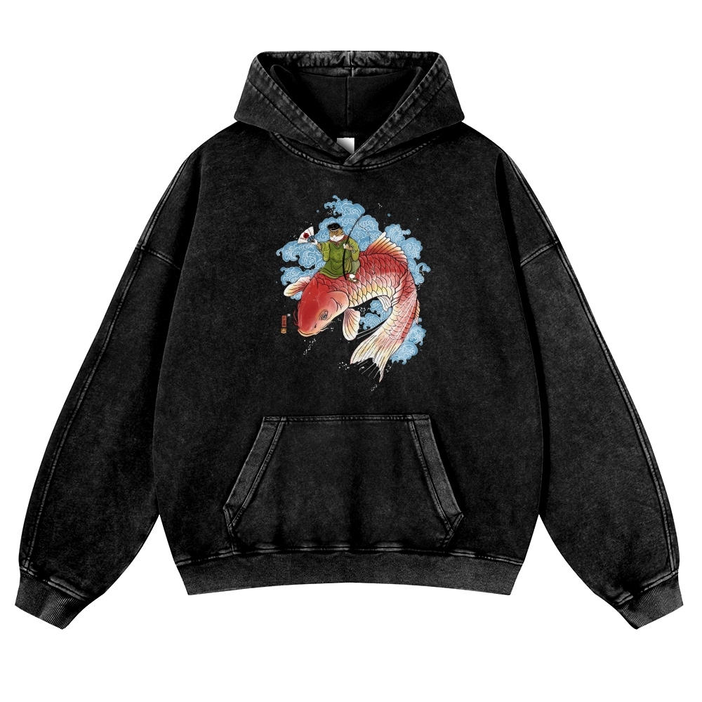 Carp Cat Ukiyoe Pattern Vintage Washed Hoodie-moweekender