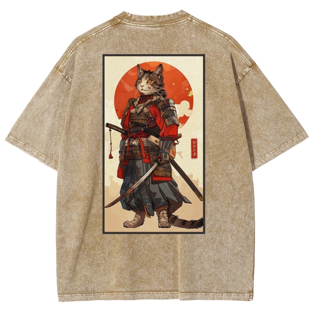 Casual Warrior Cat Washed Vintage Short Sleeves T-Shirt-moweekender