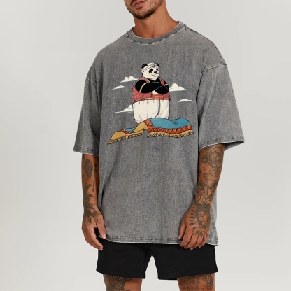 Arab Panda Pattern Washed Vintage Short Sleeves T-Shirt-moweekender