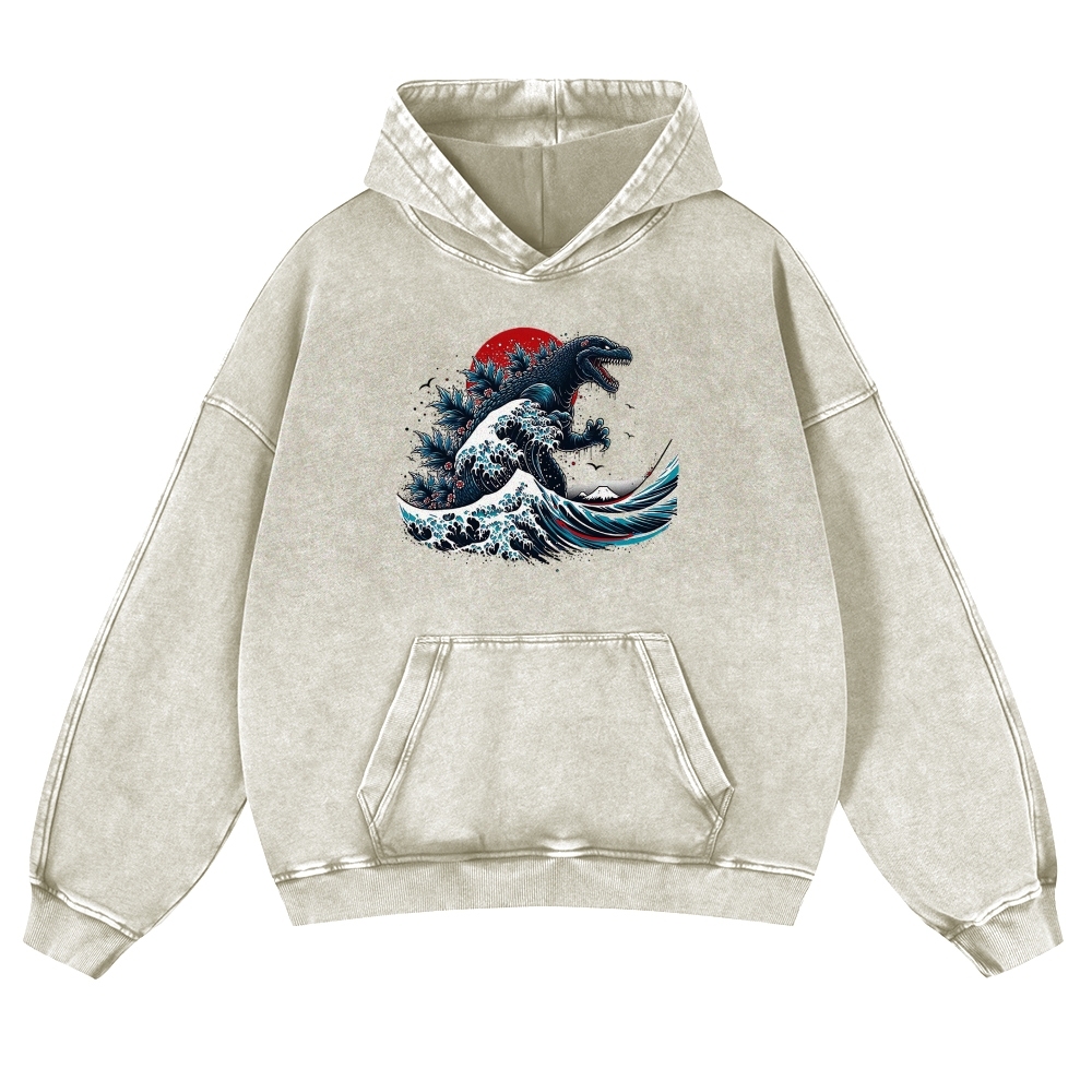 Japanese Godzilla Wave Ukiyoe Vintage Washed Hoodie-moweekender