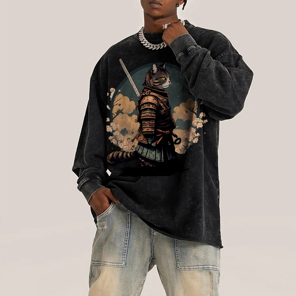 Japanese Armor Cat Deep Washed Vintage Long Sleeves T-Shirt-moweekender