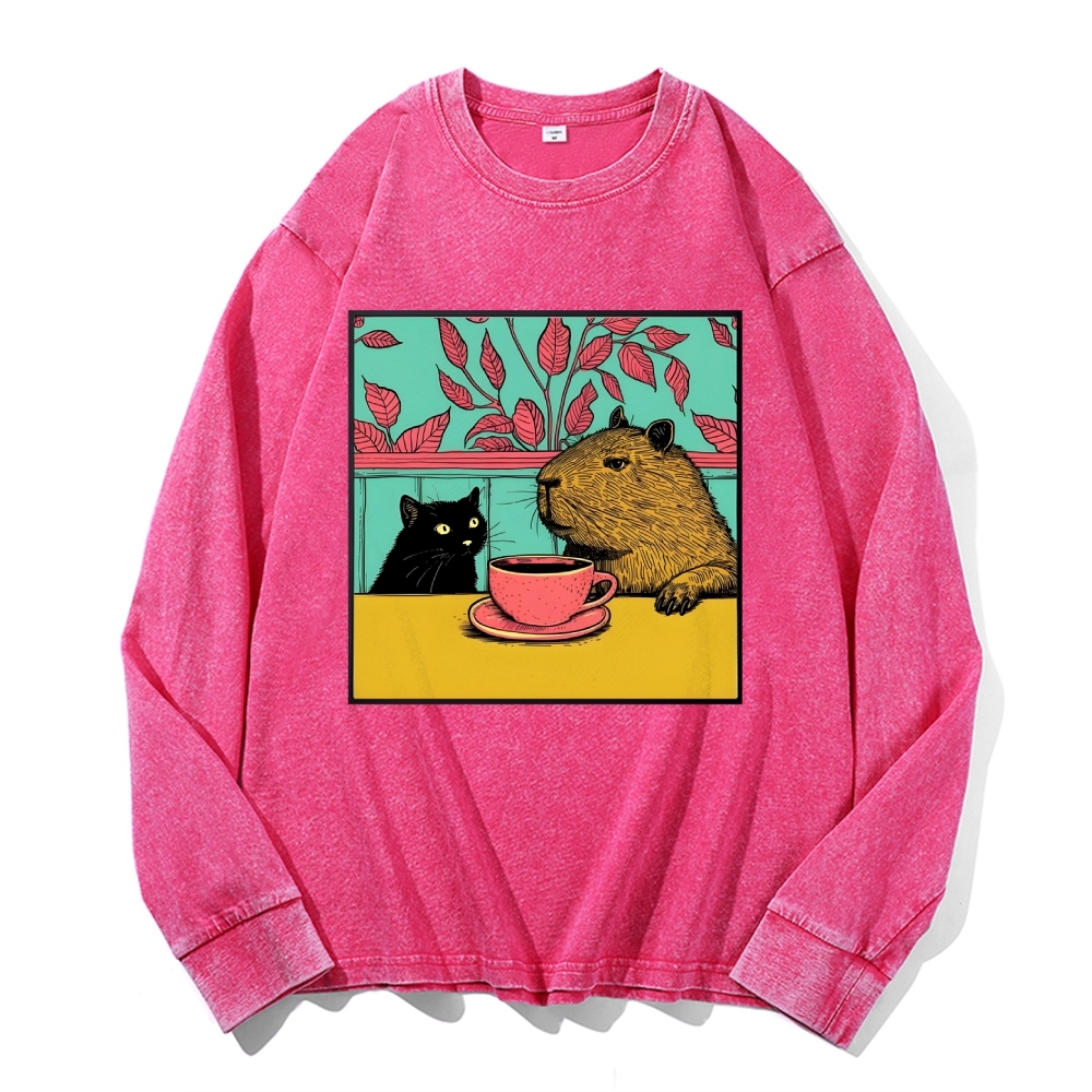 Black Cat And Capybara Pattern Deep Washed Vintage Long Sleeves T-Shirt