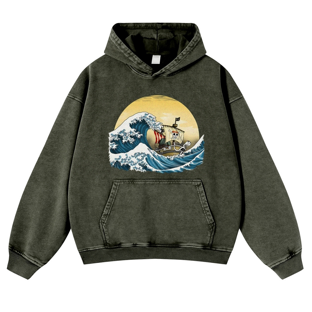 Straw Hat Pirate Ship Ukiyoe Vintage Washed Hoodie-moweekender
