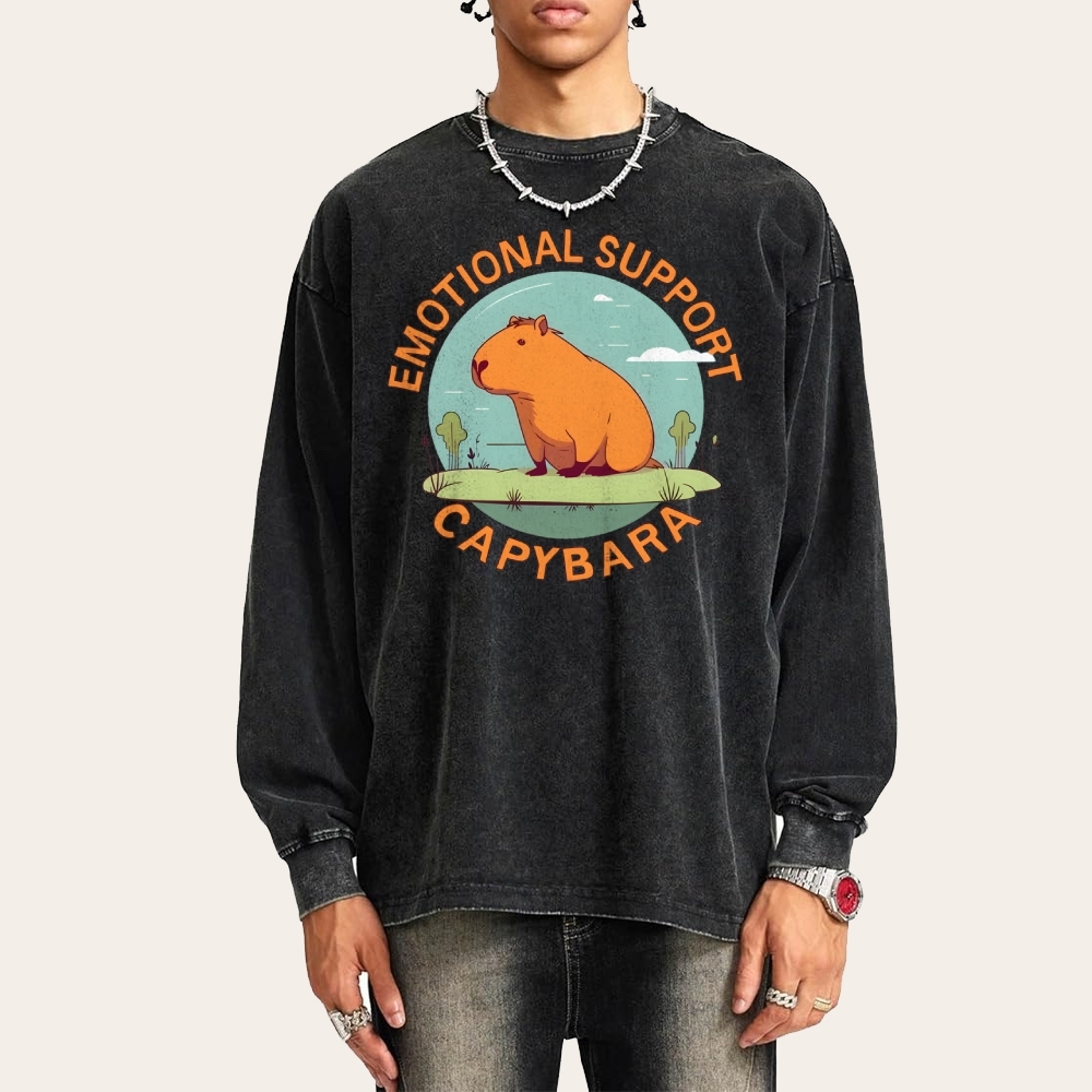 Emotional Support Capybara Deep Washed Vintage Long Sleeves T-Shirt-moweekender