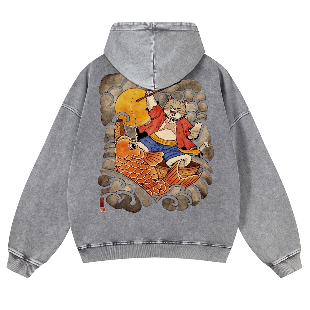 Carp Cat Ukiyoe Casual Vintage Washed Hoodie-moweekender