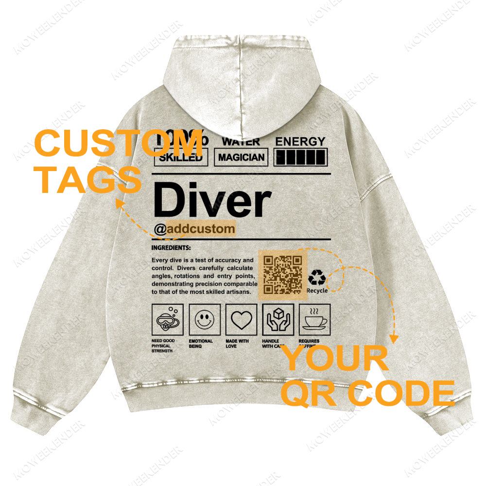 Diver QR Code Custom Unisex Fit Vintage Washed Hoodie