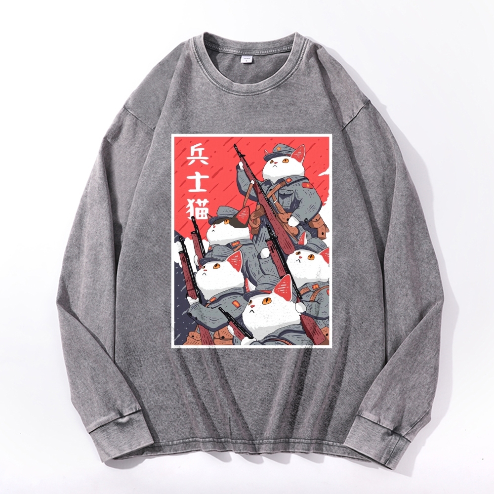 Soldier Cat Pattern Deep Washed Vintage Long Sleeves T-Shirt-moweekender