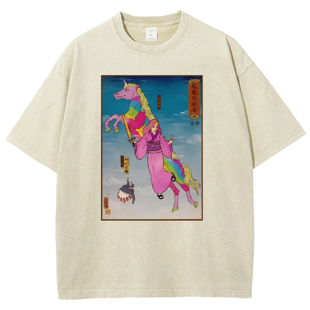 Hero Story Pink Unicorn Washed Vintage Short Sleeves T-Shirt-moweekender
