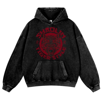 Tiger Head Sign Printed Vintage Washed Hoodie-moweekender