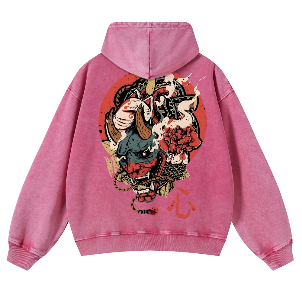 Japanese Traditional Mask Pattern Vintage Washed Hoodie-moweekender