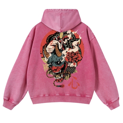 Japanese Traditional Mask Pattern Vintage Washed Hoodie-moweekender