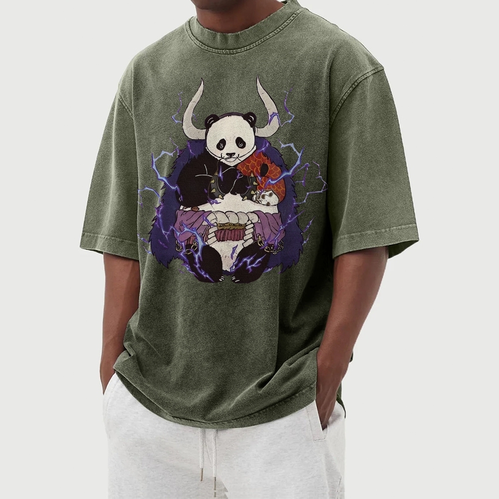 Panda Demon Pattern Casual Washed Vintage Short Sleeves T-Shirt-moweekender