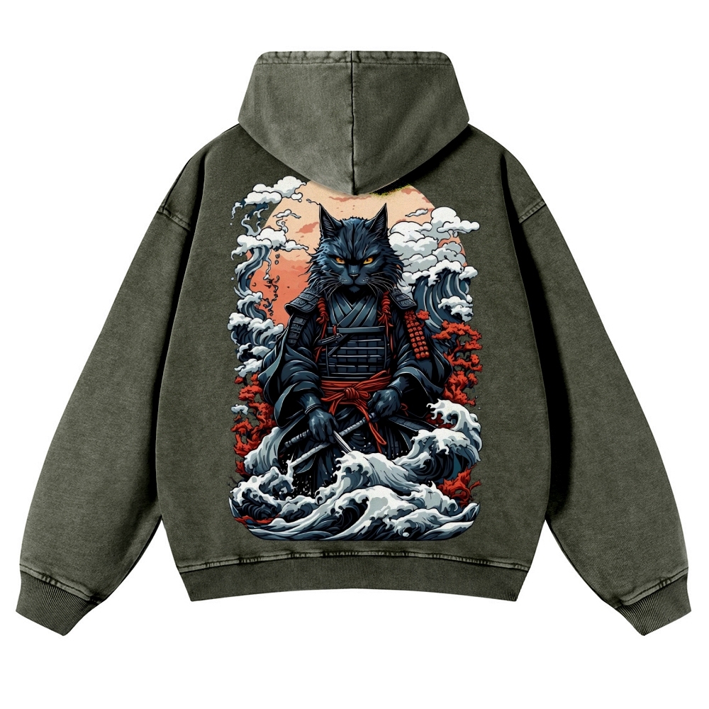 Cat Warrior Wave Ukiyoe Vintage Washed Hoodie-moweekender