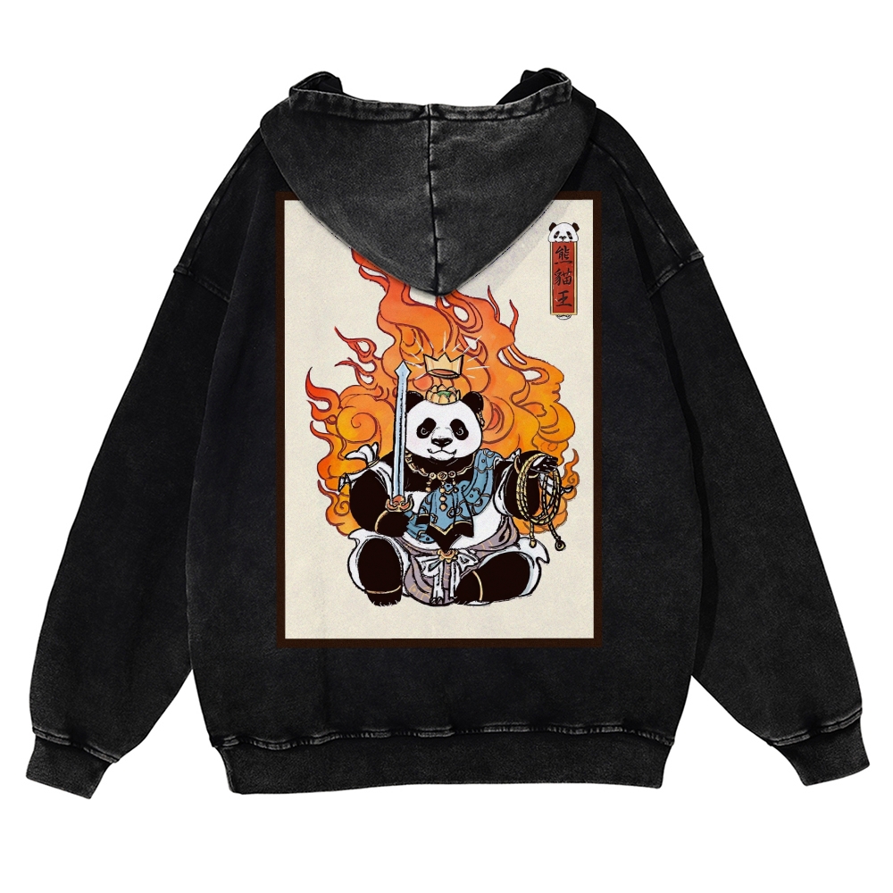 Fire Panda King Pattern Vintage Washed Hoodie-moweekender