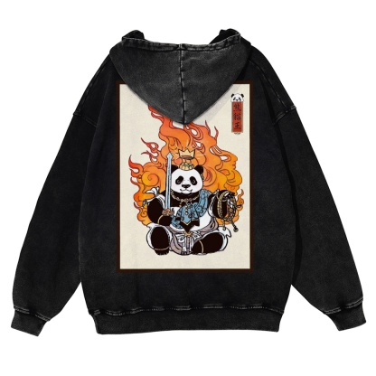 Fire Panda King Pattern Vintage Washed Hoodie-moweekender