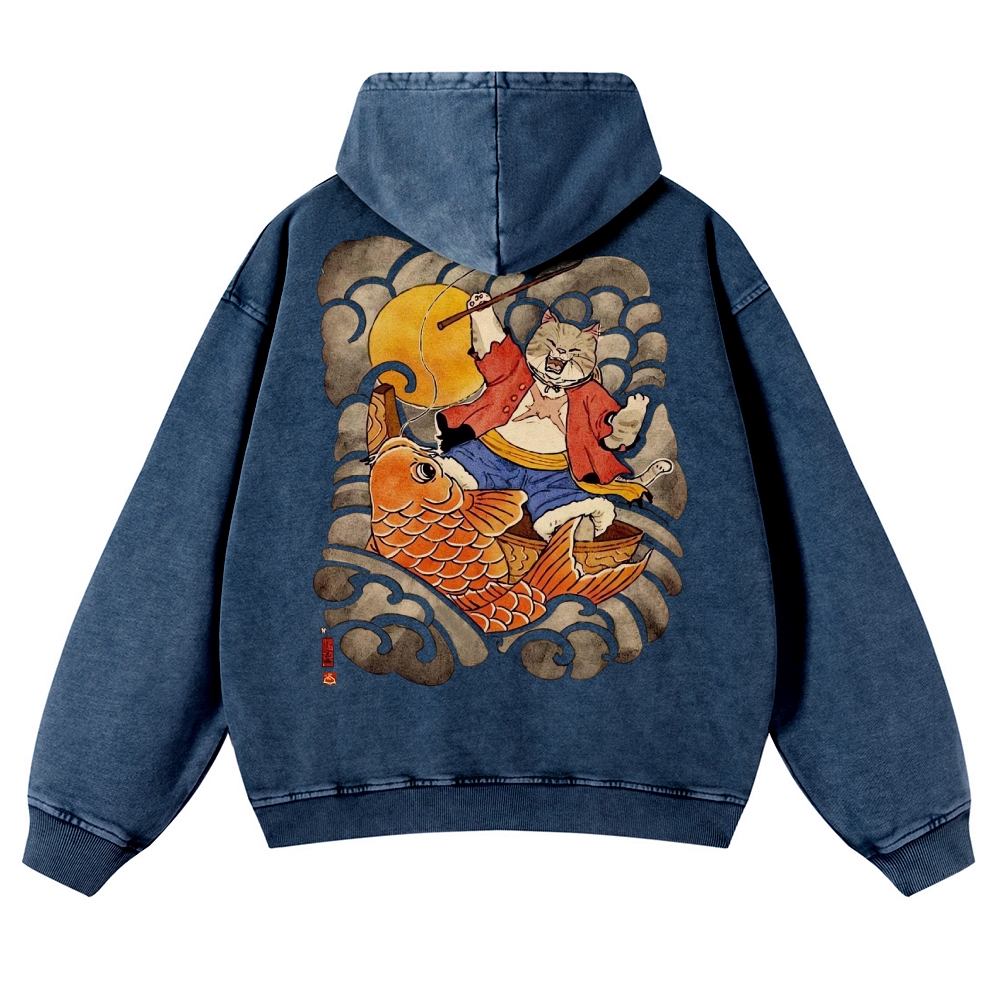 Carp Cat Ukiyoe Casual Vintage Washed Hoodie-moweekender